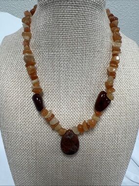 Natural Carnelian Chip Necklace with Brown Pendant - Women Jewelry